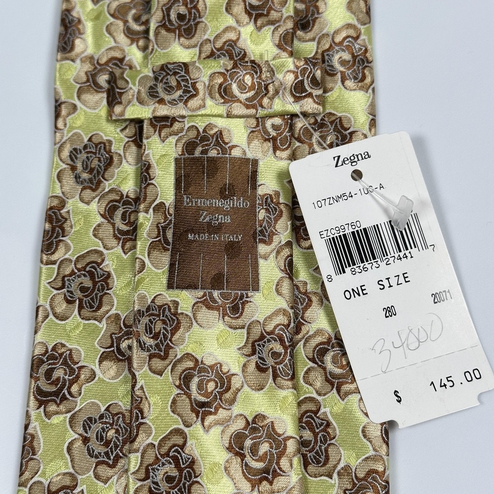 Ermenegildo Zegna Mens Silk Tie Lime Green Brown Floral Rose Made in Italy NWT